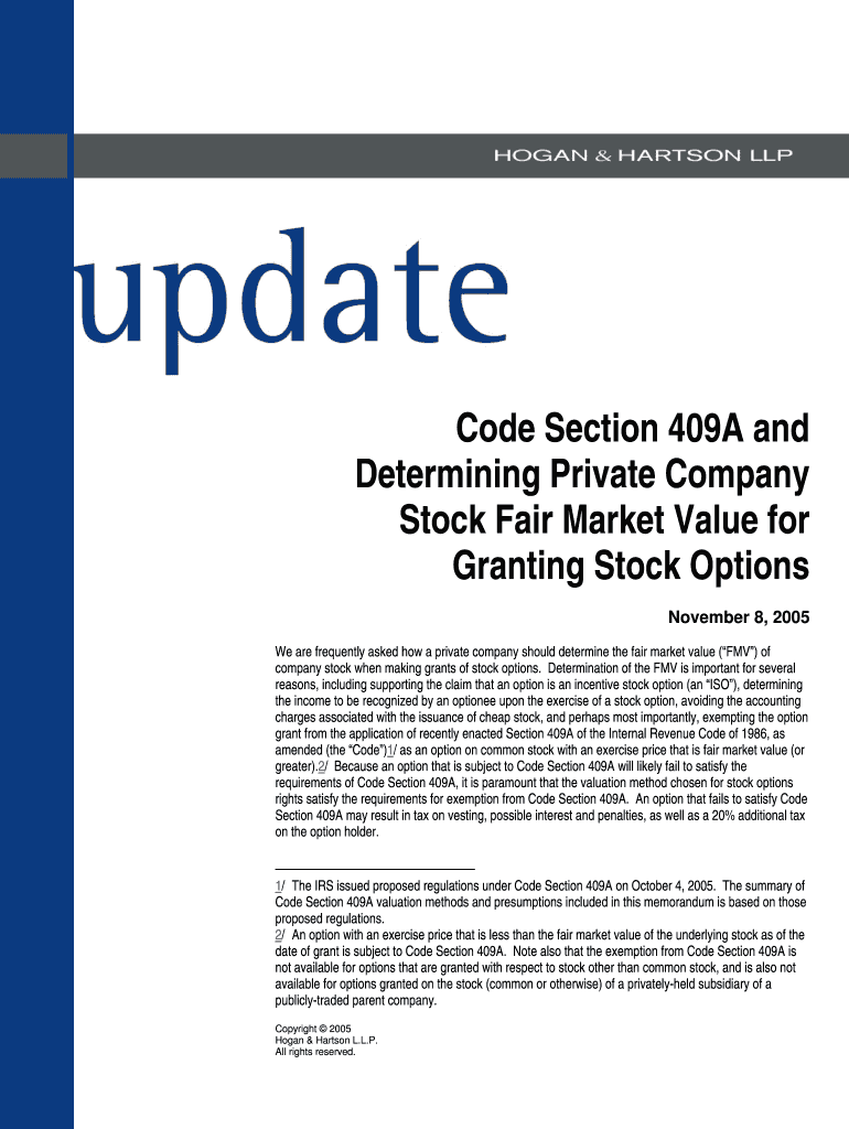 Code Section 409A and Determining Private Company Stock Fair Market Value for Granting Stock Options Preview on Page 1
