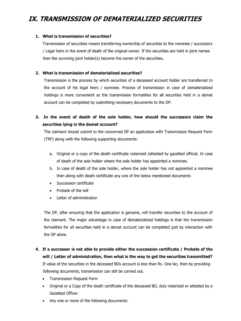 TRANSMISSION OF DEMATERIALIZED SECURITIES Preview on Page 1