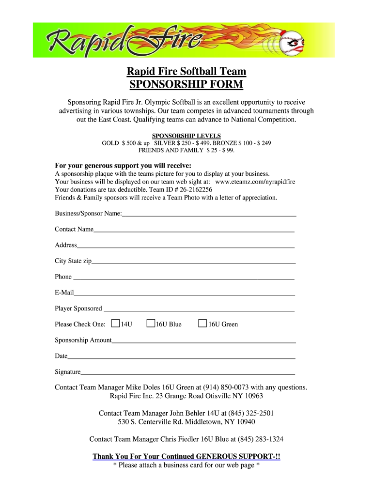 Softball Sponsorship Form - Fill Online, Printable, Fillable For Blank Sponsor Form Template Free