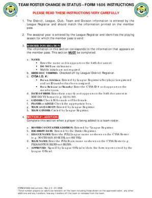 Team Roster Change in Status Form 1606