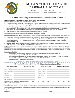 2010 Milan Youth League Baseball Registration