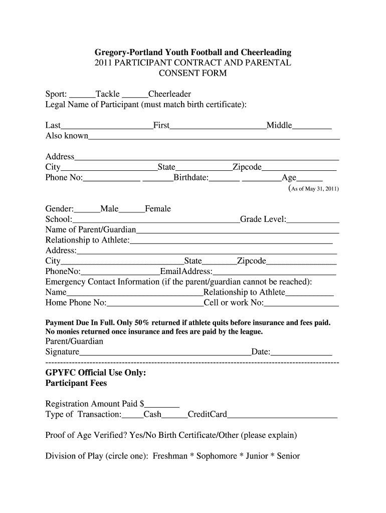 Fillable Online GregoryPortland Youth Football and Cheerleading Fax