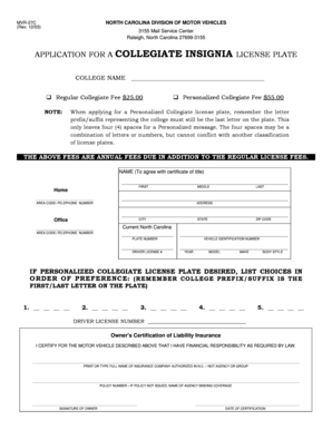 North Carolina Collegiate Insignia License Plate Application