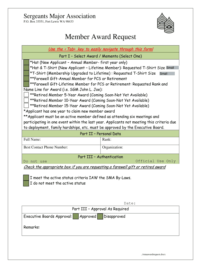 Member Award Request Preview on Page 1