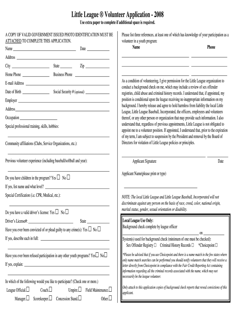 Little League Volunteer Application - 2008 Preview on Page 1