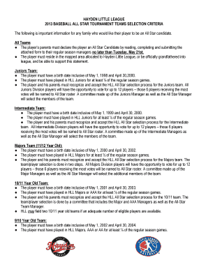 HAYDEN LITTLE LEAGUE 2013 BASEBALL ALL STAR TOURNAMENT TEAMS SELECTION CRITERIA