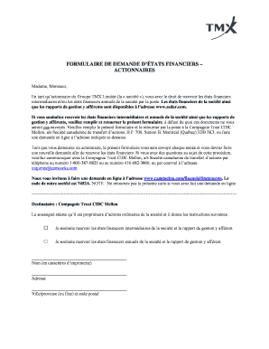 FORMULAIRE DE DEMANDE D’ÉTATS FINANCIERS – ACTIONNAIRES