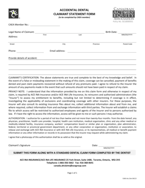 Accidental Dental Claimant Statement Form