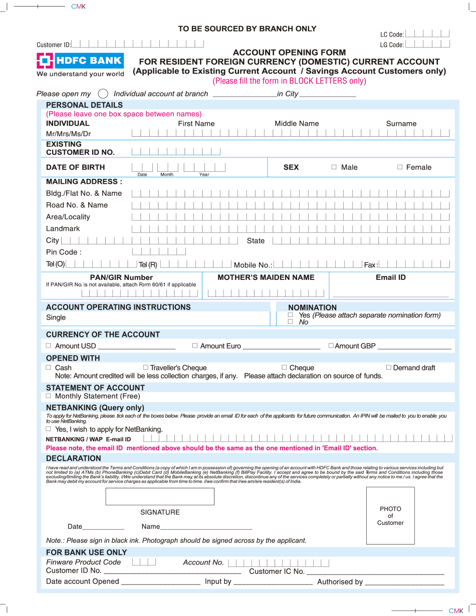 HDFC Bank Account Opening Form
