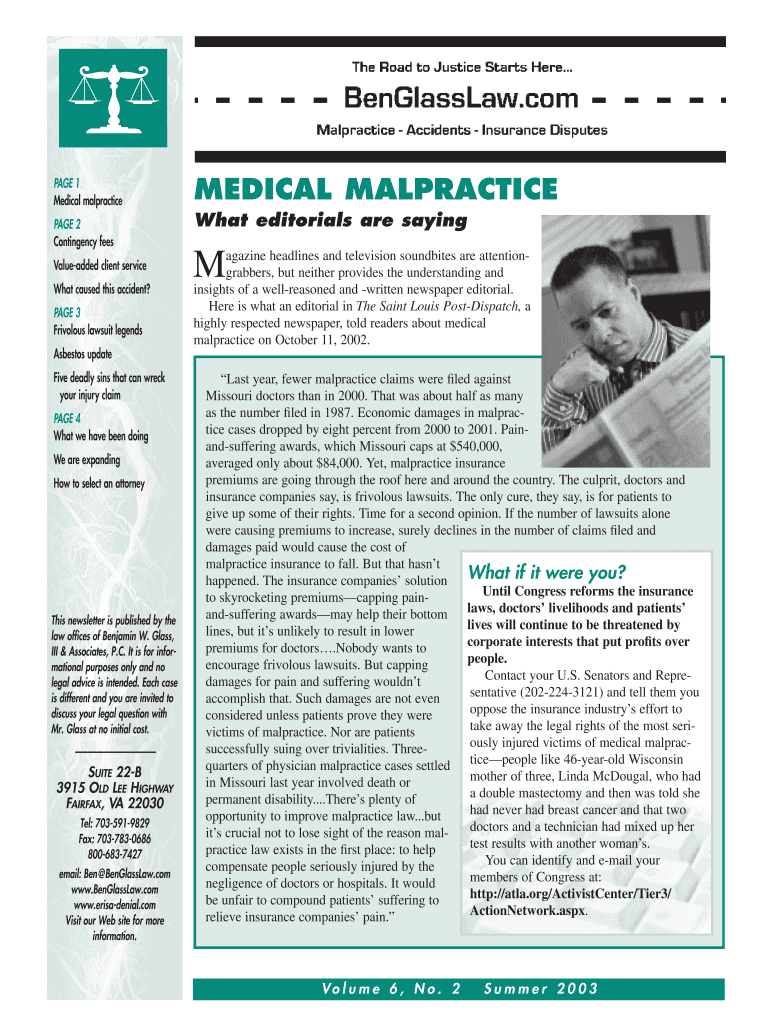 Summer 2003 BenGlassLaw Nesletter - Virginia Personal Injury Preview on Page 1