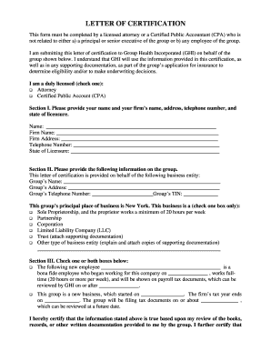 Letter of Certification for Group Health Insurance