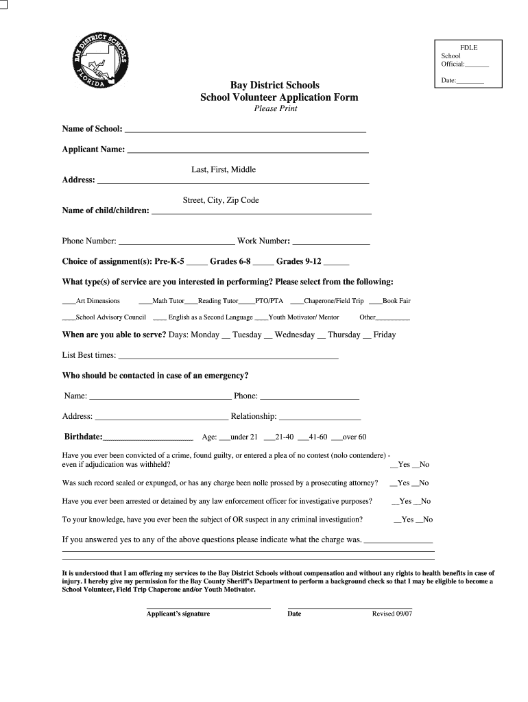 Bay District Schools Volunteer Application Preview on Page 1