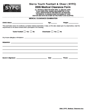 (SYFC) 2009 Medical Clearance Form - Eteamz