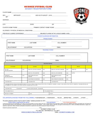 OCONEE FUTBOL CLUB 2010/2011 REGISTRATION FORM PLAYER NAME: SEX: M/F BIRTHDATE: AGE AS OF AUGUST 1, 2010: ADDRESS: CITY STATE ZIP PLAYER