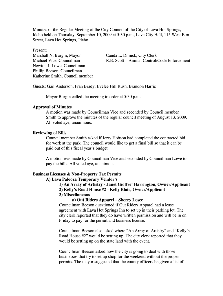 Minutes of the Regular Meeting of the City Council of the City of Lava Hot Springs Idaho held on Thu Preview on Page 1