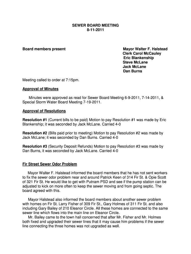 SEWER BOARD MEETING 8-11-2011 Board - Town of Eleanor Preview on Page 1