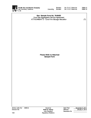 79-845D Core Gas Aggregation Service Agreement ATTACHMENT D - Core Firm Storage Declarations Allocation, Assignment or Rejection of Storage for CTA 29997-G 29695-G (T) (T) Please Refer to Attached Sample Form Advice Letter No: Decision No