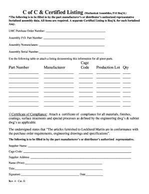 Certificate of Compliance Mechanical Assemblies