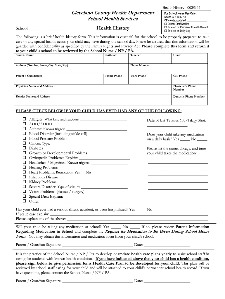 Health History Preview on Page 1