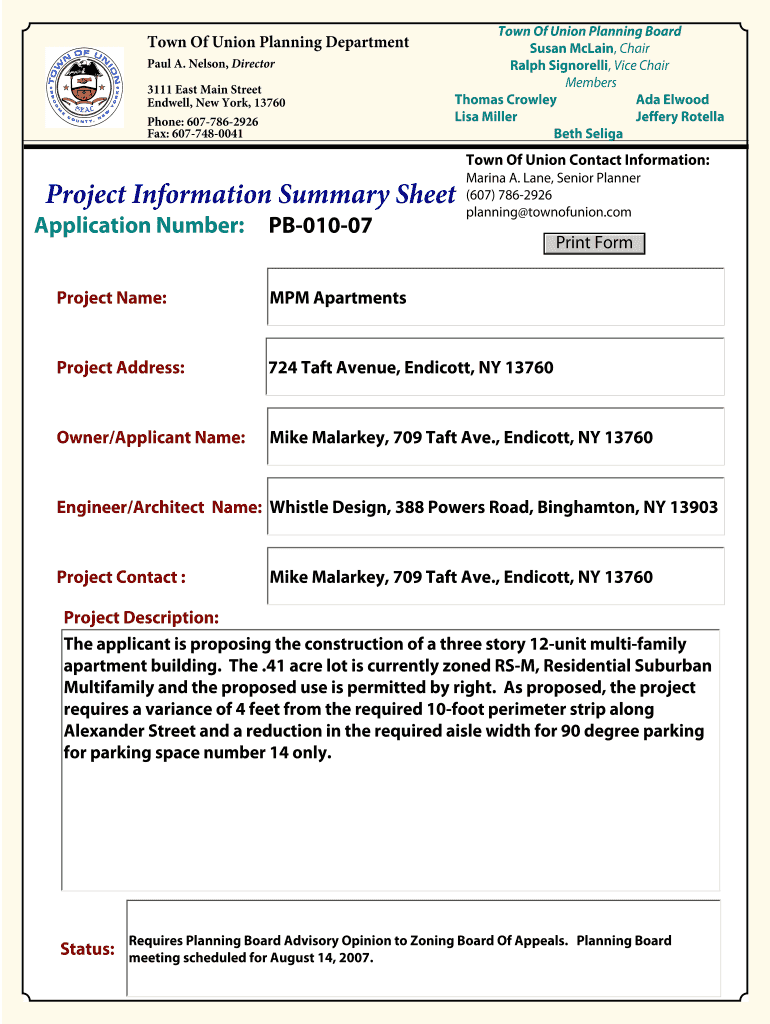 Project Information Summary Sheet Preview on Page 1