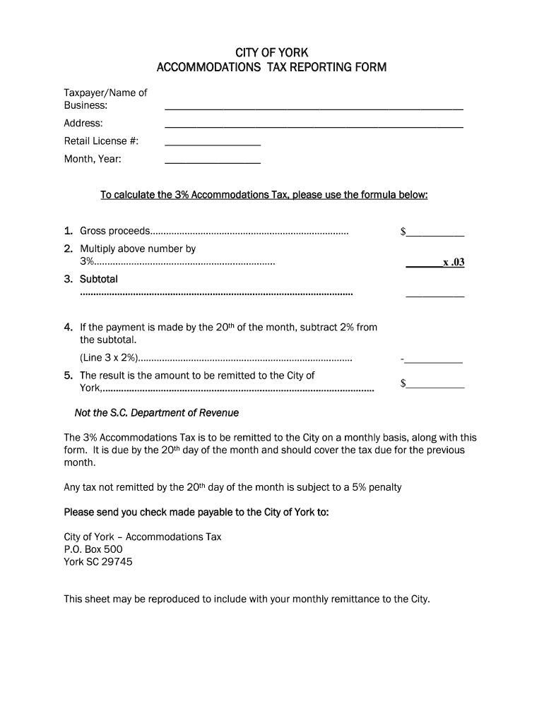 Accommodations Tax Reporting Form - City of York Preview on Page 1