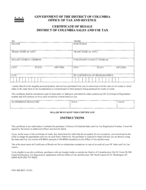 District of Columbia Certificate of Resale