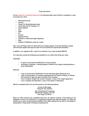 San Diego Request for Unclaimed Monies