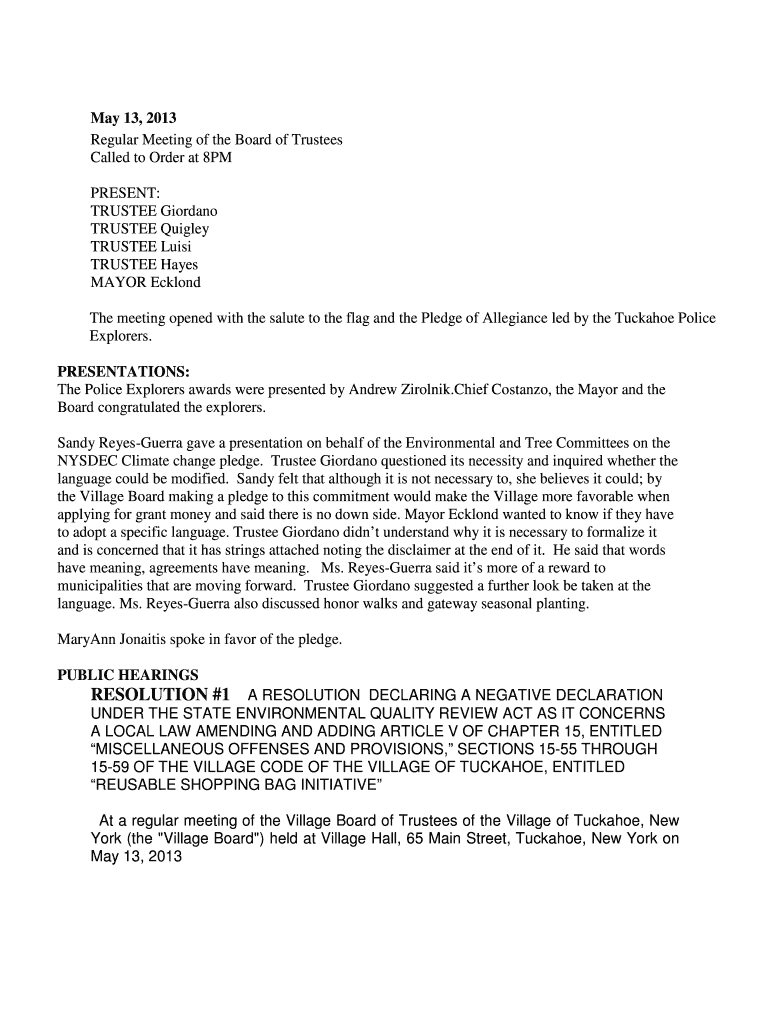 May 13, 2013 Regular Meeting of the Board of Trustees Called to Preview on Page 1