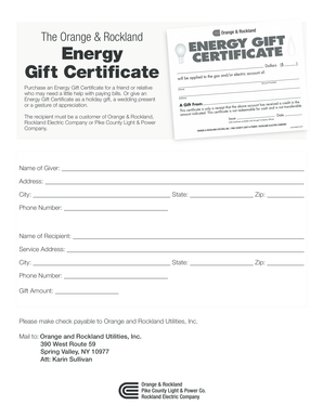 Energy Gift Certificate Form - Orange & Rockland Utilities