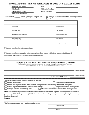 Carrier owners manual - Standard form for presentation of loss and damage claim - Matheson ...