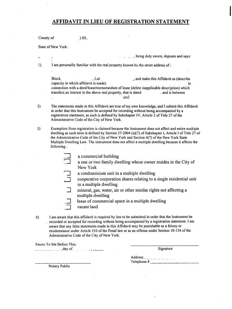 Affidavit in Lieu of Registration Statement Preview on Page 1