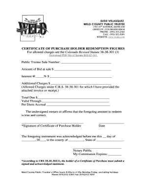 BCertificateb of Purchase Holder Redemption Figures - Weld County bb