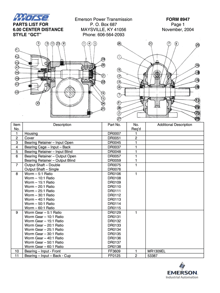 PARTS LIST FOR 6 00 CENTER DISTANCE STYLE GCT Preview on Page 1