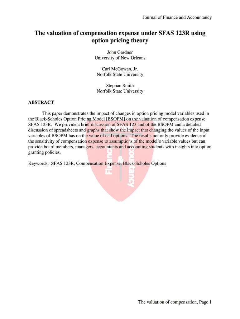 The valuation of compensation expense under SFAS 123R using Preview on Page 1