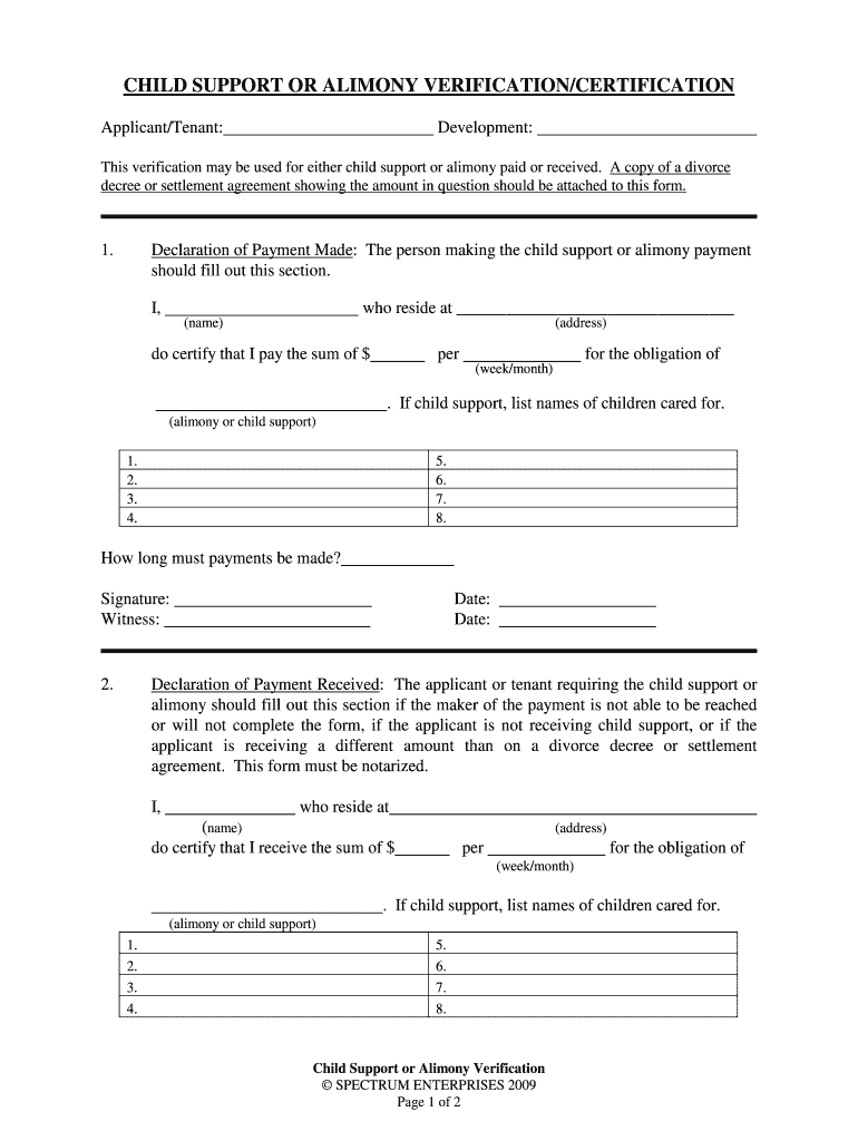 CHILD SUPPORT OR ALIMONY VERIFICATION CERTIFICATION Preview on Page 1