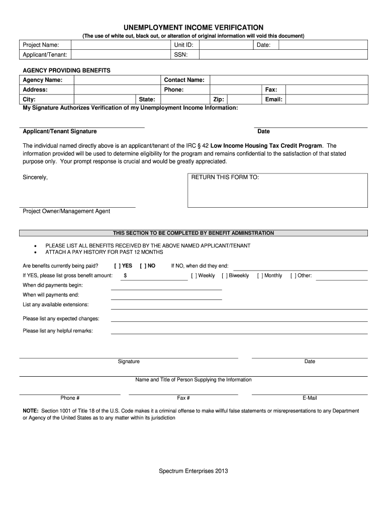Unemployment Verification Form - Fill Online, Printable, Fillable In Proof Of Unemployment Letter Template