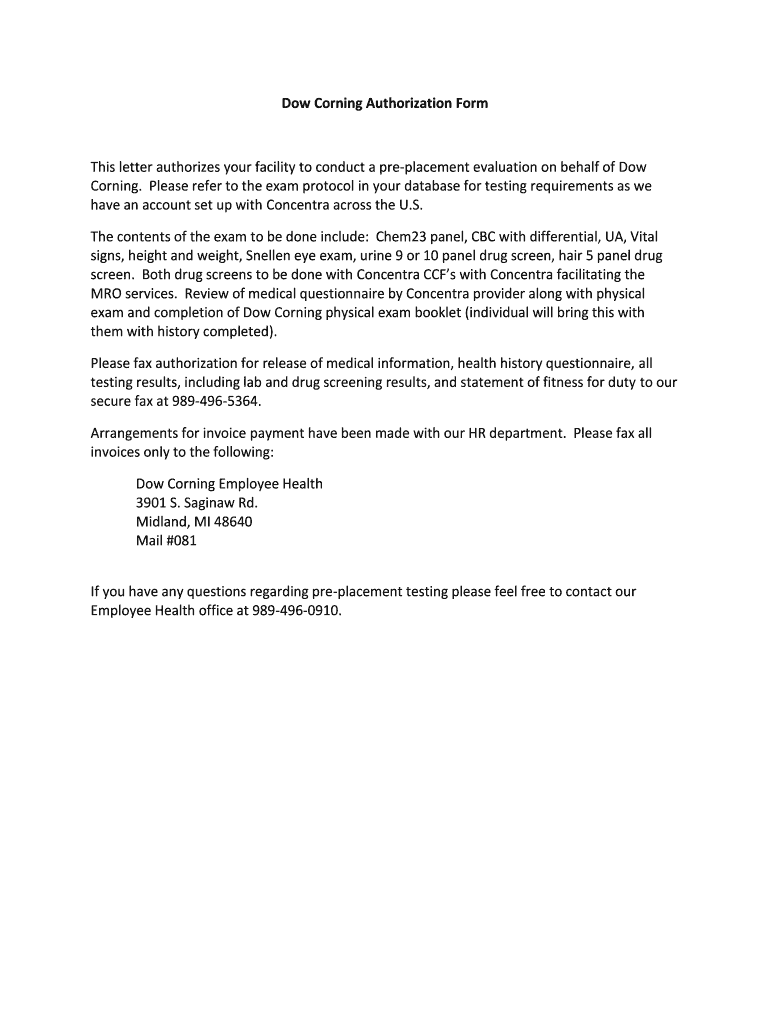 Dow Corning Authorization Form Preview on Page 1