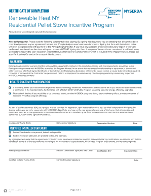 Certificate of Completion for Residential Pellet Stove Incentive