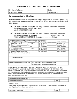 Physician's Release to Return to Work Form