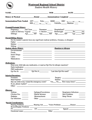 Student Health History Form