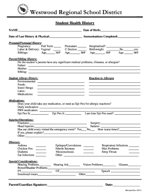 Student Health History Form