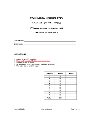 Columbia University Calculus I Midterm Exam