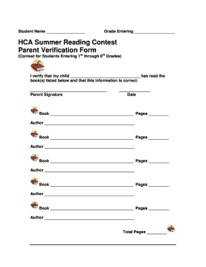 HCA Summer Reading Contest Parent Verification Form