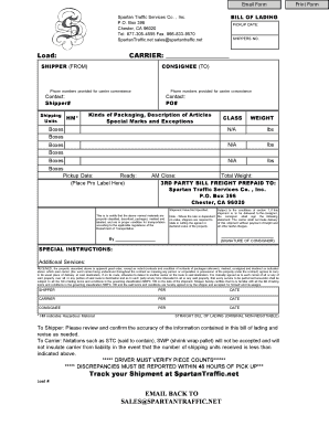 Spartan Traffic Services Bill of Lading