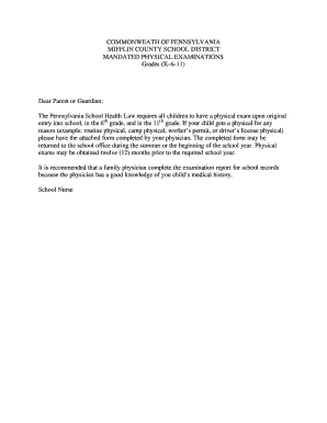 Pennsylvania Mandated School Physical Examination Form