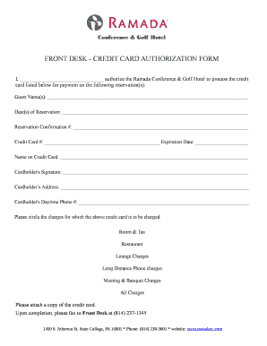 Ramada Conference & Golf Hotel Credit Card Authorization Form