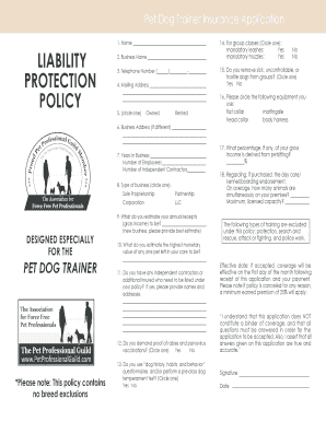 Pet Dog Trainer Insurance Application