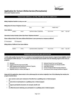 Application for Verizon Lifeline Service (Pennsylvania)
