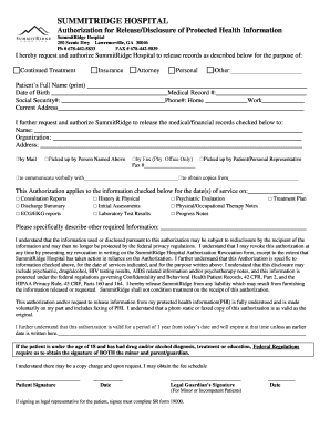 SummitRidge Hospital Authorization for Release of PHI