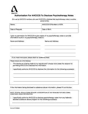 Authorization For AHCCCS To Disclose Psychotherapy Notes